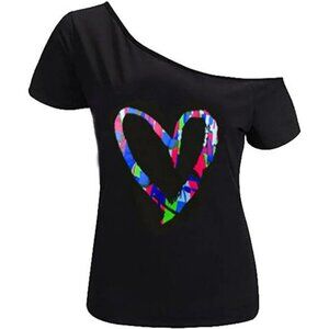 Plus Size Off Shoulder Lips Print T Shirt Casual Short Sleeve Slouchy Top